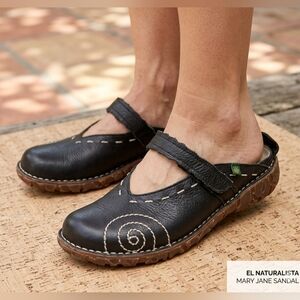 El Naturalista Black Leather Mary Jane Flats EU 38 White Stitch Comfort Shoes
